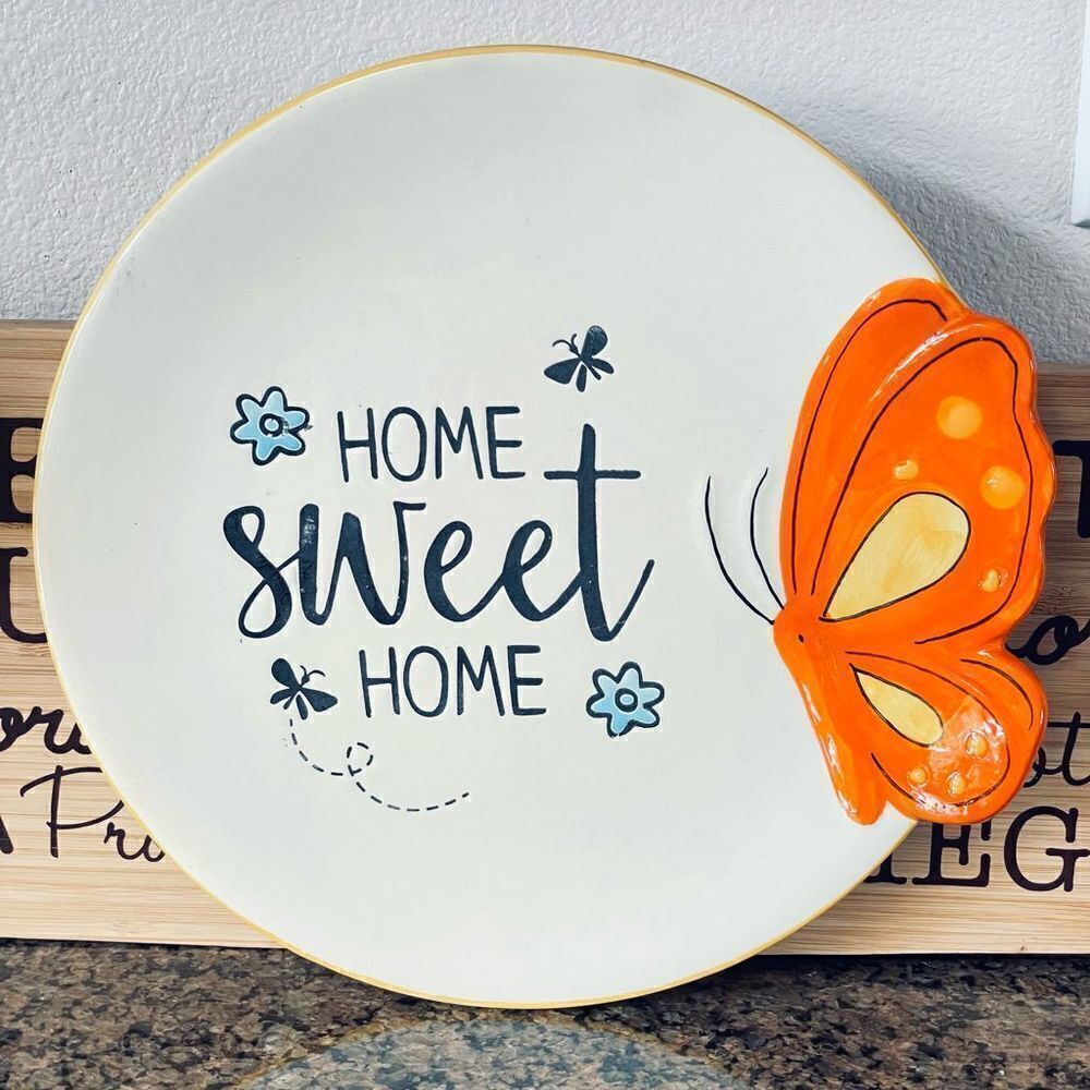 NWT White off ceramic decoration graphic home sweet home butterfly plate